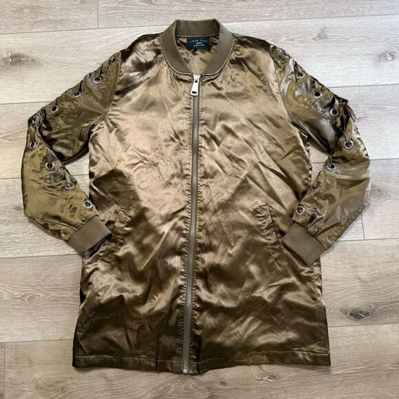 Love Tree Satin Jacket Size Medium Green-Brown Full Zip Front - Picture 1 of 8